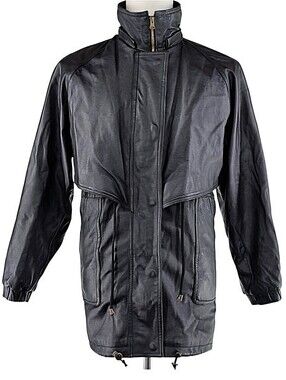 Leather Jacket Mens M Black 80s Trench Coat 100% Leather